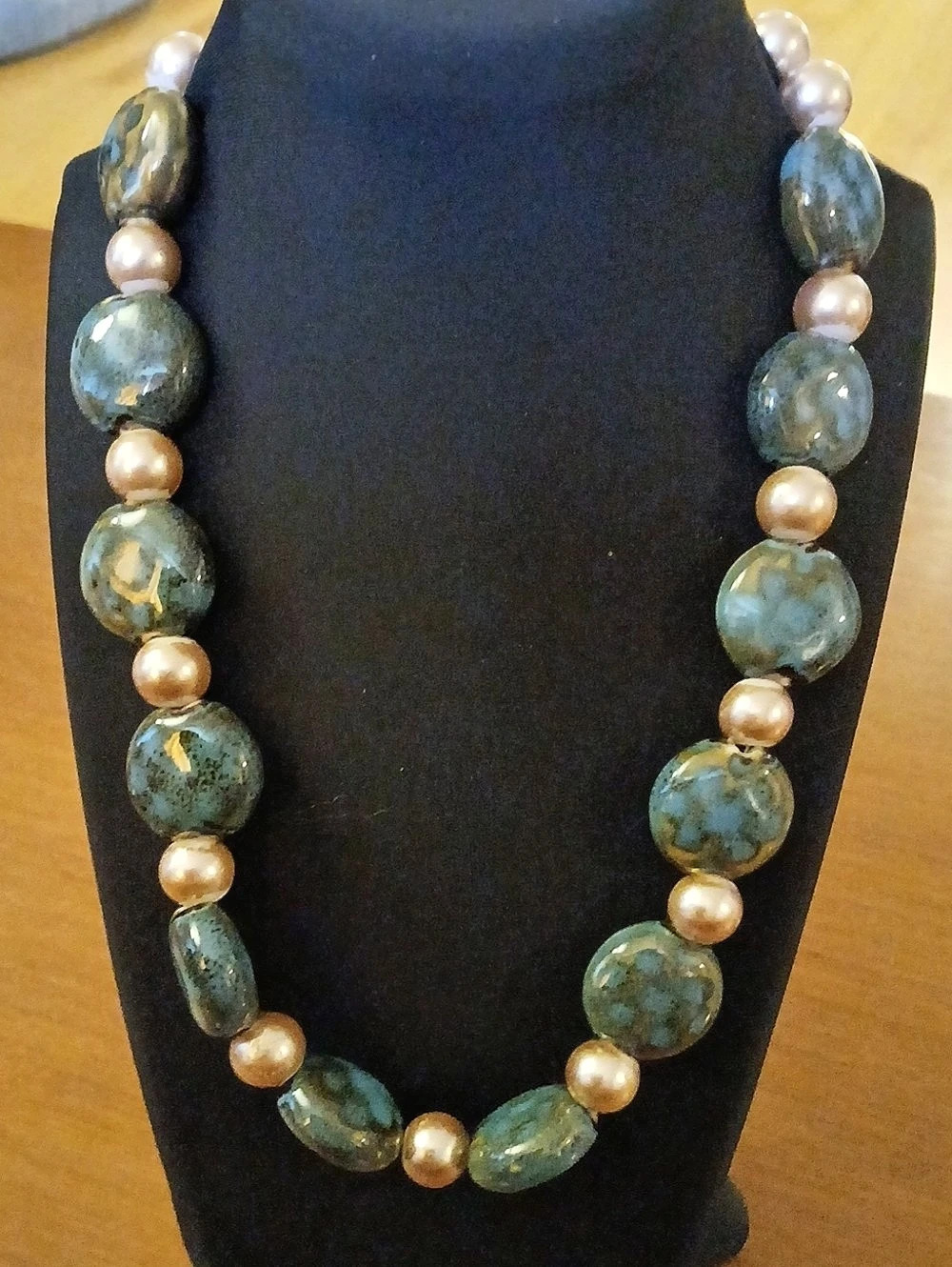 Vintage Green Blue & Gold Colored Beaded Statement Necklace 16"